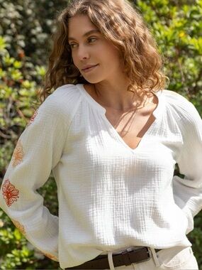 lovestitch White Gauze V-Neck Blouse with Orange Sleeve Embroidery